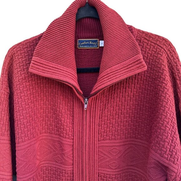 Comfort Knits Mens Red Full-Zip Basketweave Pattern Grandpa Cardigan Sweater L - Picture 2 of 9